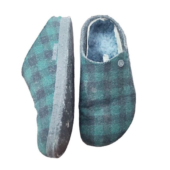 Birkenstock Zermatt Shearling Wool Slipper Plaid Teal Green - Picture 1 of 15